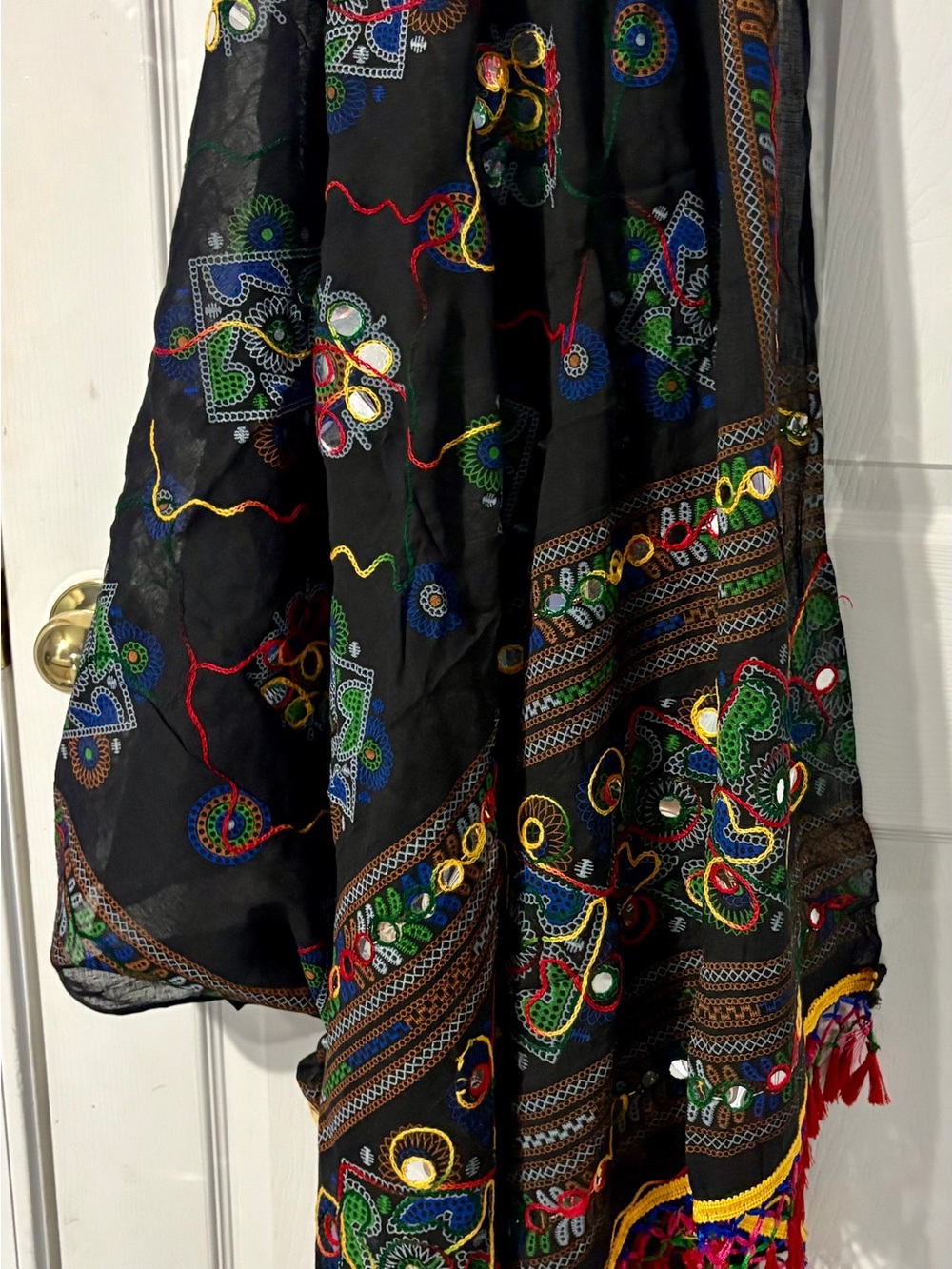 Black Embroidered Mirrorwork Scarf with Multicolor Accents